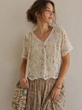 Vintage Crochet Granny Cardigan Blouse V Neck Short Sleeve Small